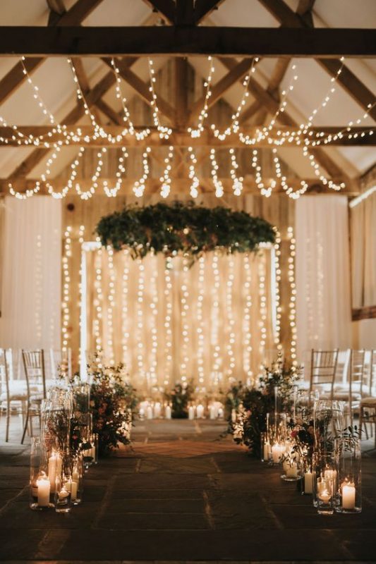 Canopy of fairy lights at party