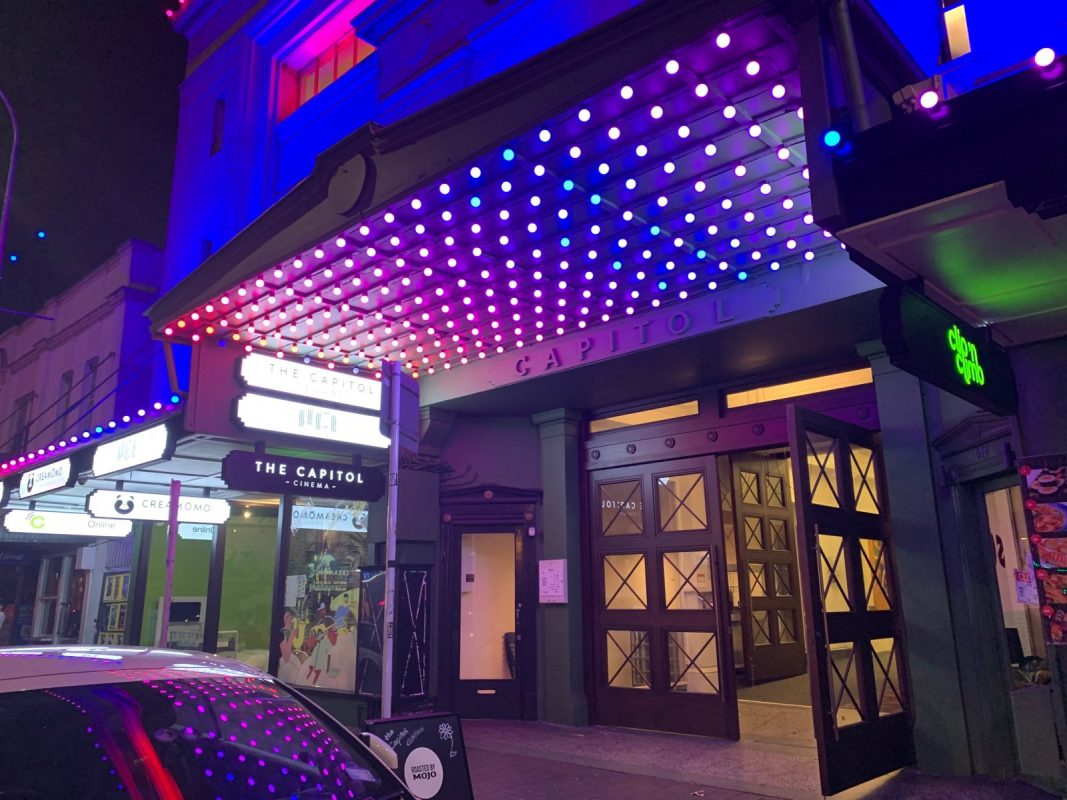 LED lights decorating a cinema facade
